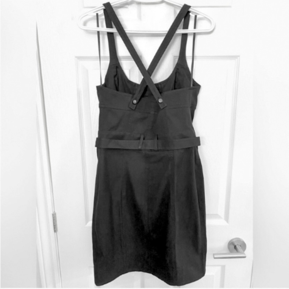 French Connection Fitted Black Denim-Like Mini Dress w/ Cross Back Straps & Belt - Picture 2 of 4